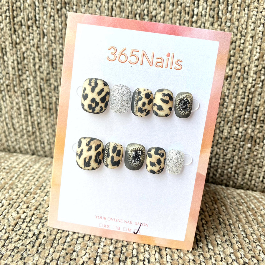 365nails: "Matte Safari" – Leopard Print & Silver Chain Stone Handmade Squoval Nails