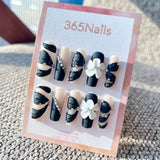 Sculpted Flora: "Monochrome Chain & White Camellia" – 3D White Flower & Silver Beads on Matte Black & Nude Coffin Nails
