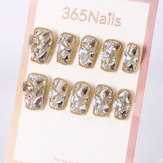 365Nails Gold Textured Base with Full Crystal Shards — Lux Bling Short‑Medium Squoval Press‑Ons