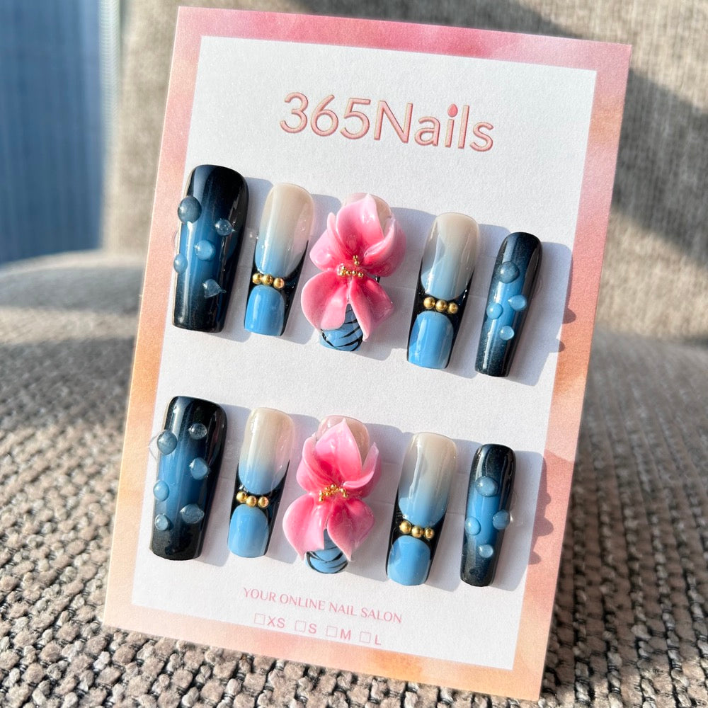Sculpted Flora: "Midnight Lotus & Blue Dew" – 3D Pink Flowers on Deep Blue Cat Eye Gradient Coffin Nails