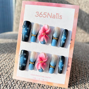Sculpted Flora: "Midnight Lotus & Blue Dew" – 3D Pink Flowers on Deep Blue Cat Eye Gradient Coffin Nails
