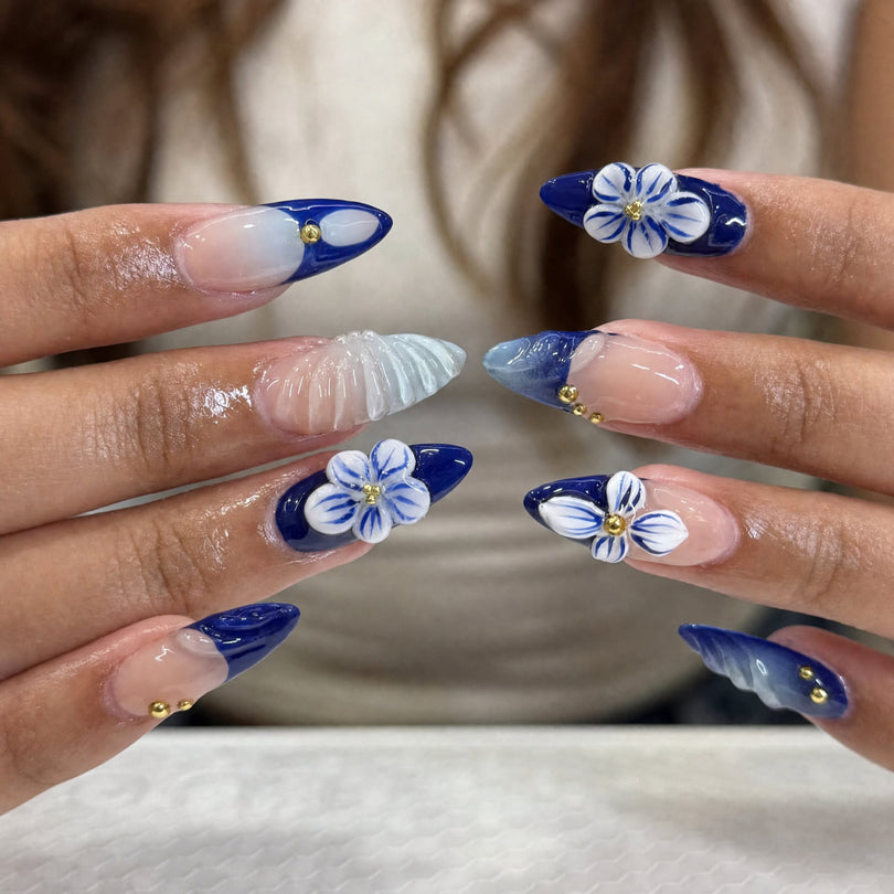 3D French Floral Glossy Pink White Almond Short Press On Nails – Design 25