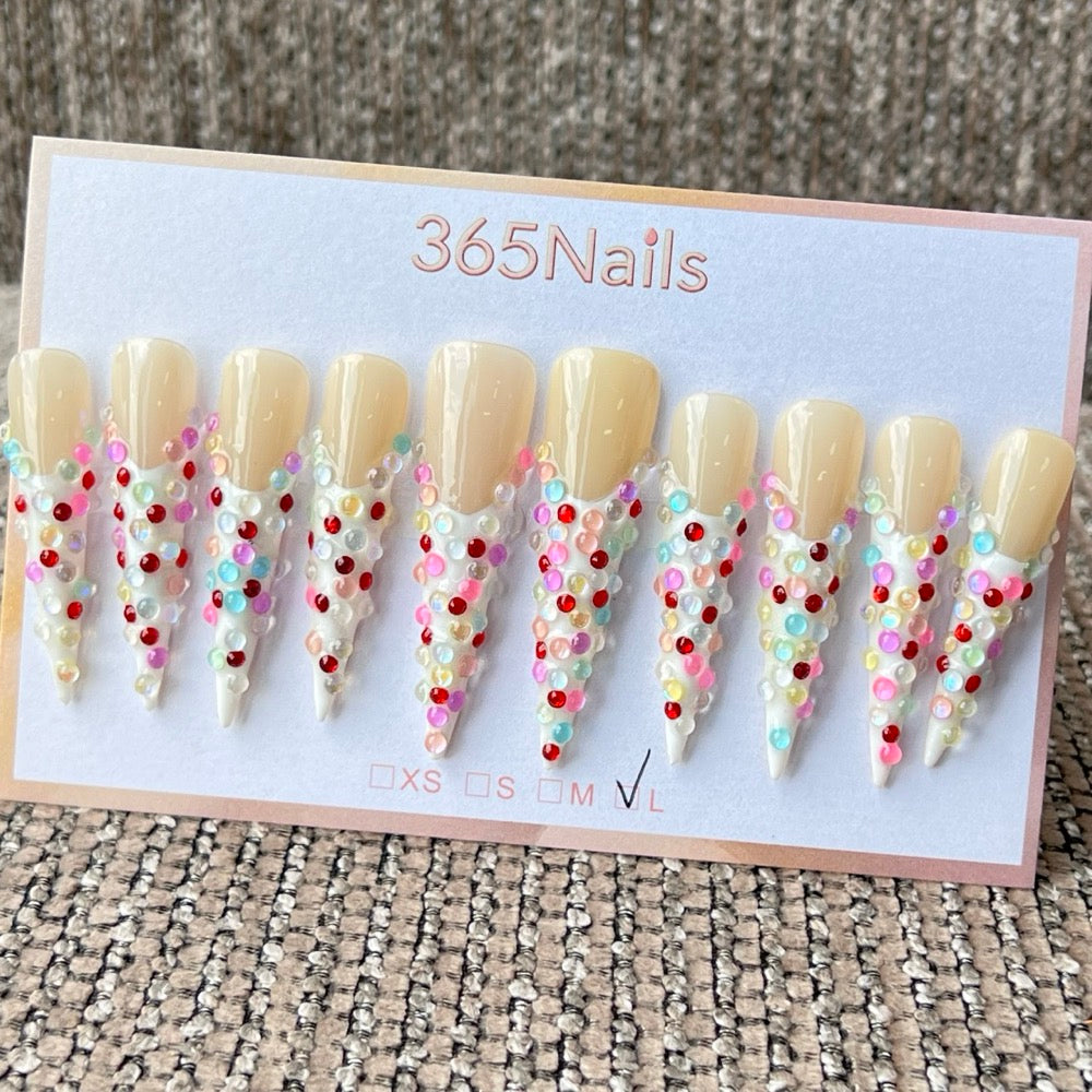365nails: "Candy Rain" – 멀티 컬러 콘페티 & 진주 수제 스틸레토형 네일