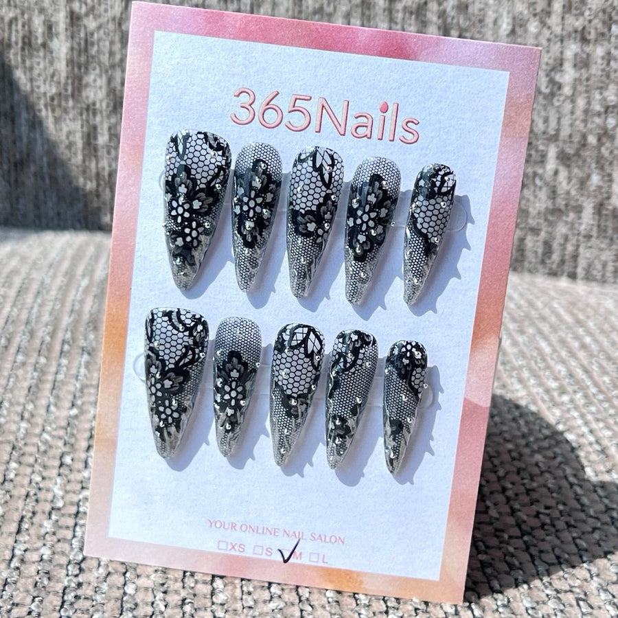 365Nails "Lace Noir Sparkle" – Rhinestone Lace Embellished Long Stiletto Nails