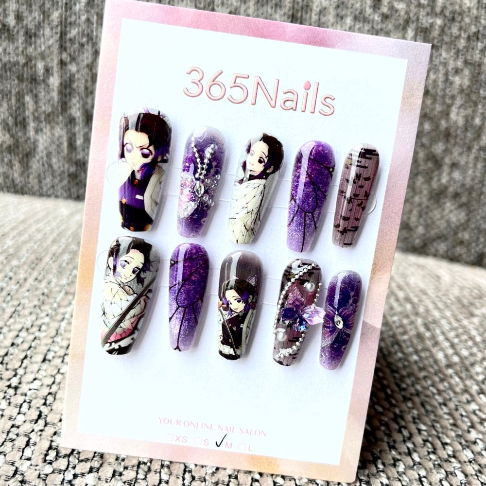 365nails: "Purple Anime Butterfly" – Handmade Medium Trapezoid Press-On Nails