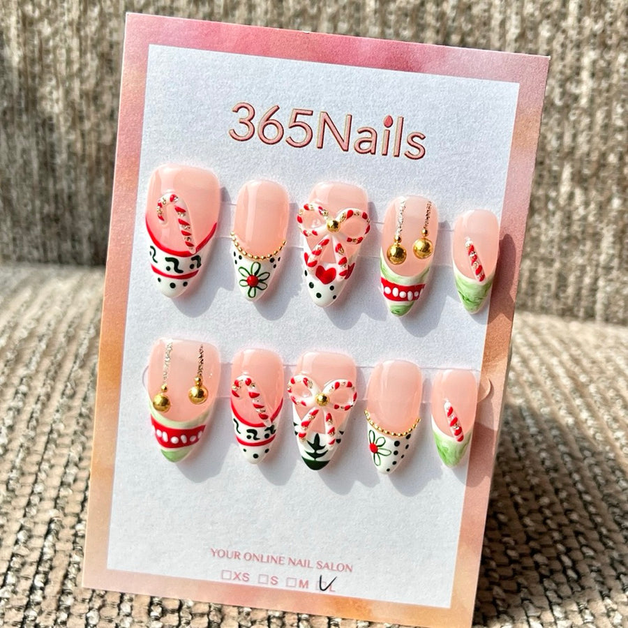 365nails: "크리스마스 캔디케인 리본 믹스" – 수제 미디엄 스틸레토형 프레스온 네일