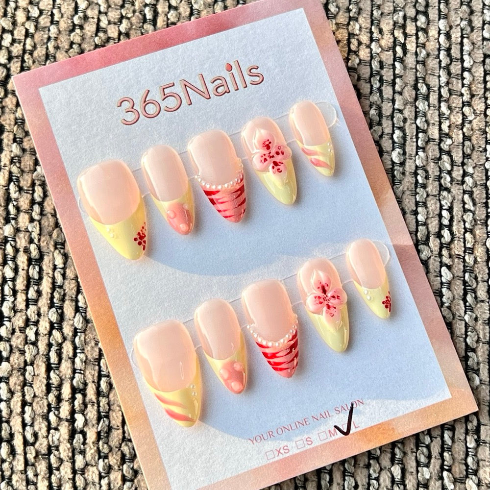 365nails: 연핑크·옐로우 벚꽃 믹스 – 수제 미디엄 스틸레토형 프레스온 네일
