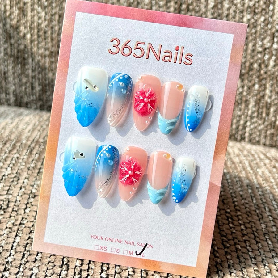 365nails: 오션 인어 꼬리 빨간 꽃 – 3D 인어·꽃 수제 미디엄 스틸레토형 프레스온 네일