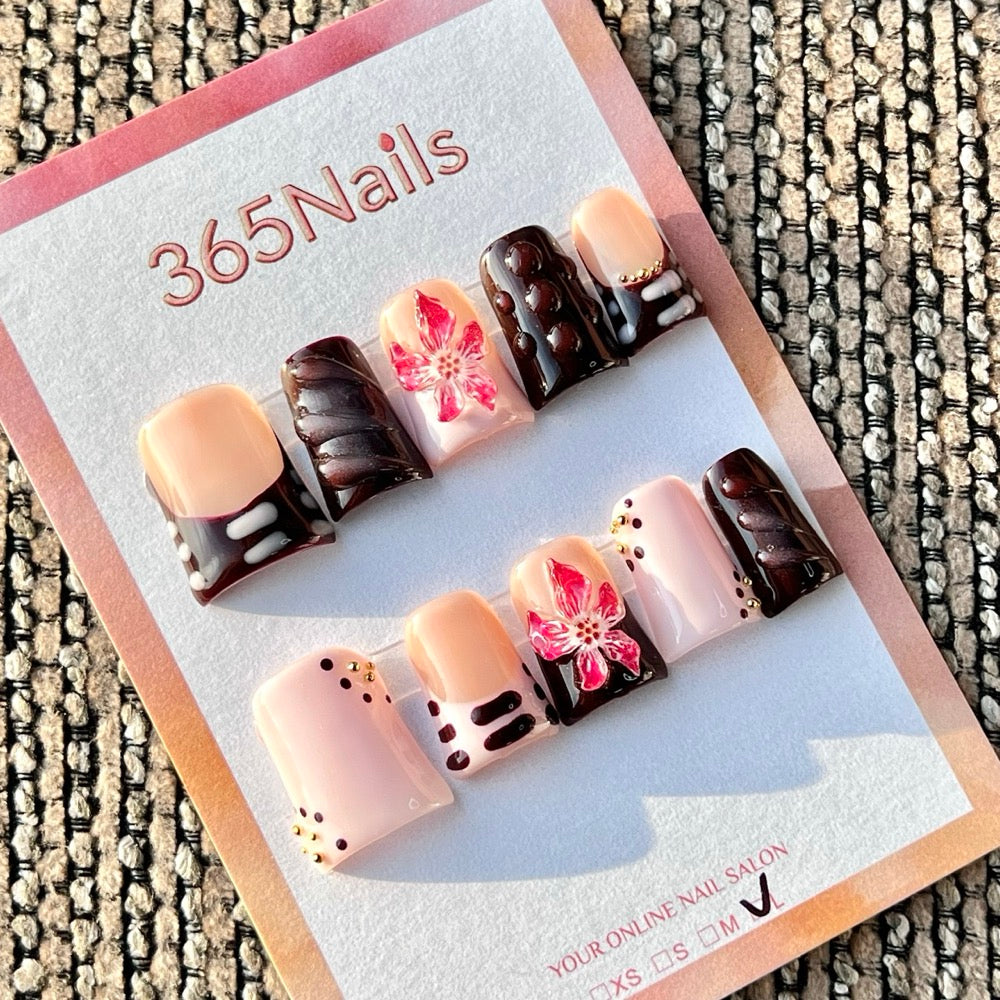 365nails: "Dark Brown Pink Flower Short" – Handmade Short Trapezoid Press-On Nails
