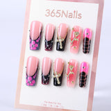 Pink and black checkered French medium coffin chain cross rose press on nail