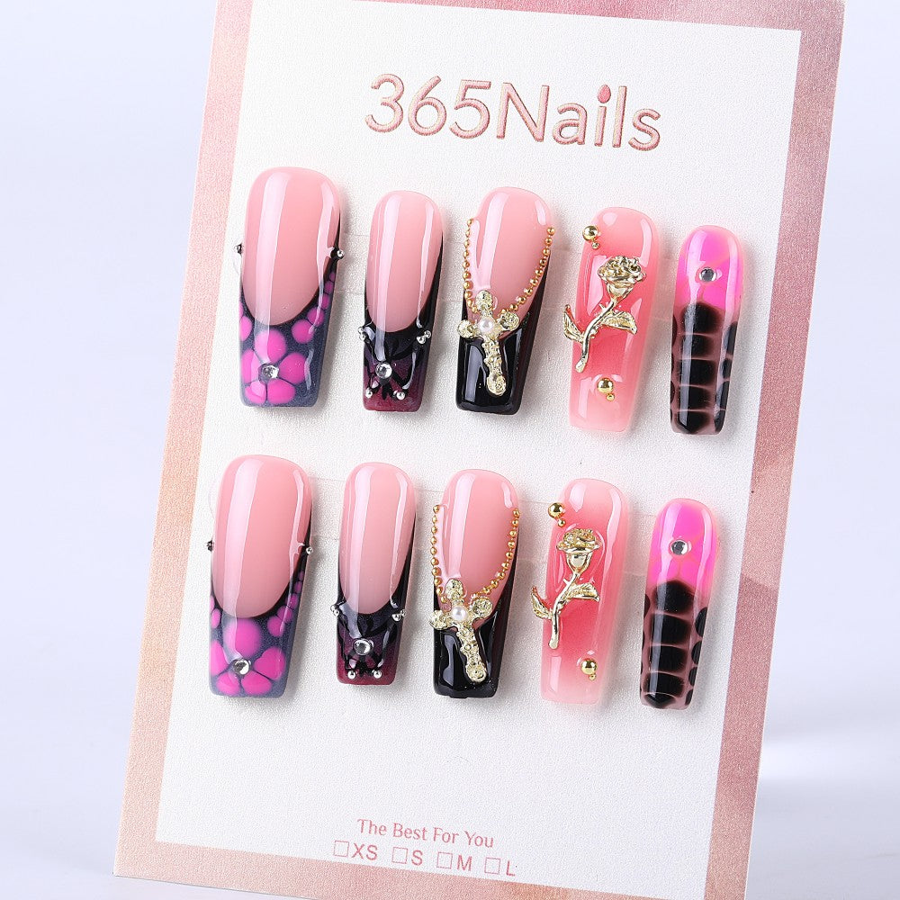 Pink and black checkered French medium coffin chain cross rose press on nail