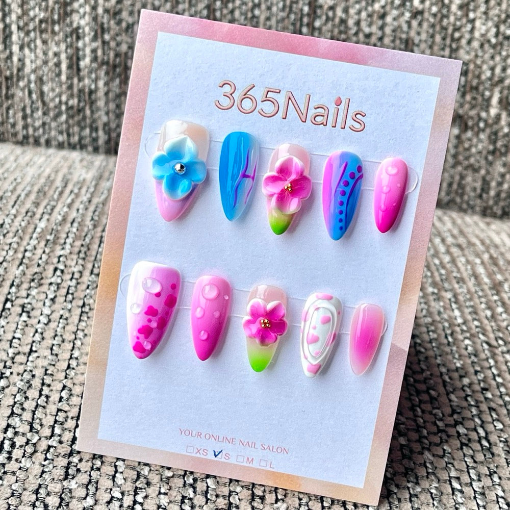 365nails: "Tropical Néon Rose et Bleu, Fleurs 3D, Bulles, Aquarelle" – Été Fait Main Ongles Longs Forme Stiletto
