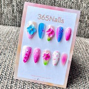 365nails: "Tropical Néon Rose et Bleu, Fleurs 3D, Bulles, Aquarelle" – Été Fait Main Ongles Longs Forme Stiletto