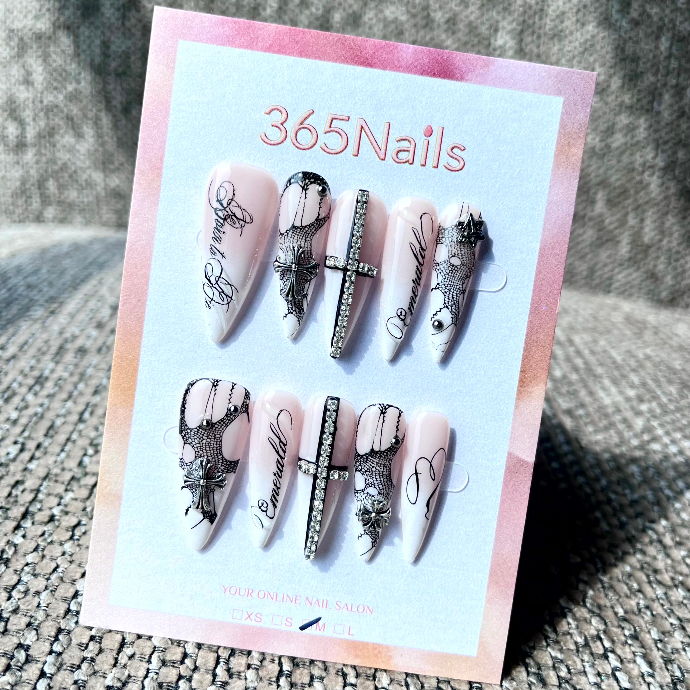 365nails: "Gothic Lace Cross Stiletto" – Handmade Long Sharp Stiletto Nails