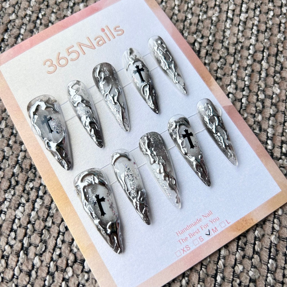 Femme Fatale: "Silver Redemption" – Smokey Grey Ombre with 3D Liquid Chrome & Black Gothic Cross Long Stiletto Nails