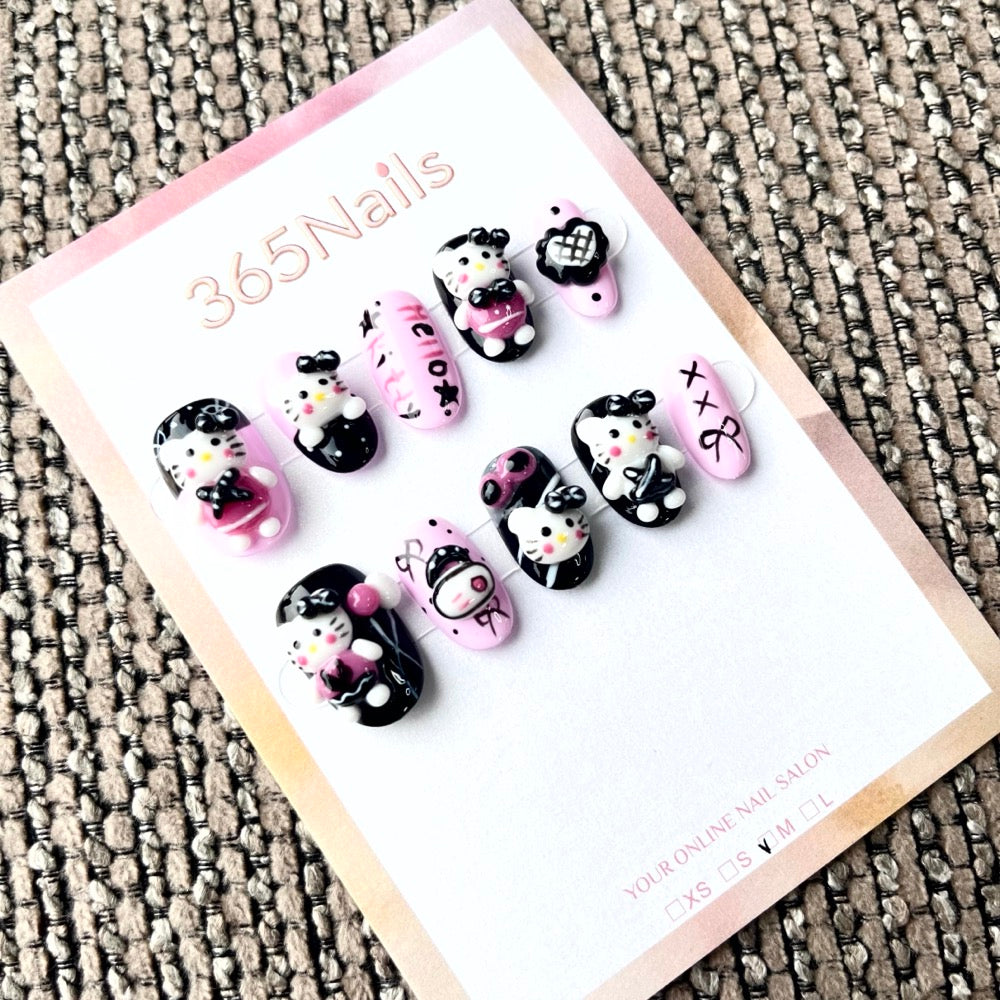 365nails: "Gothic Kitty" – 3D Hello Kitty Short Square Nails