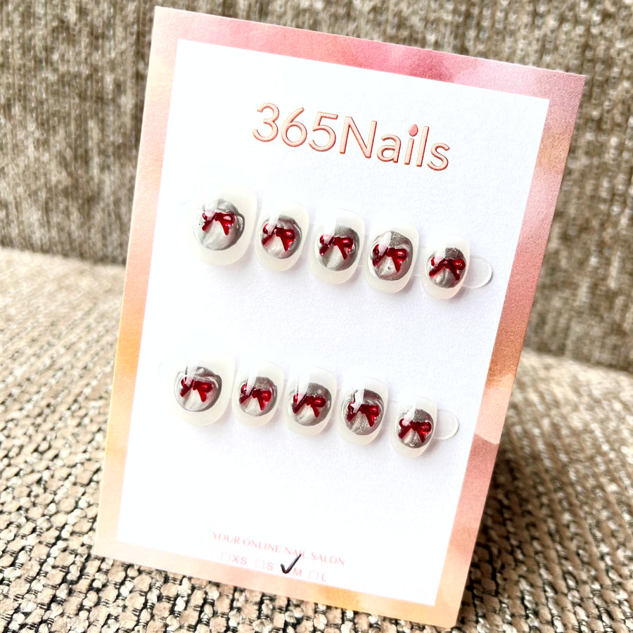 365nails: "Ruby Velvet Bow" – 3D Bow Handmade Short Square Nails