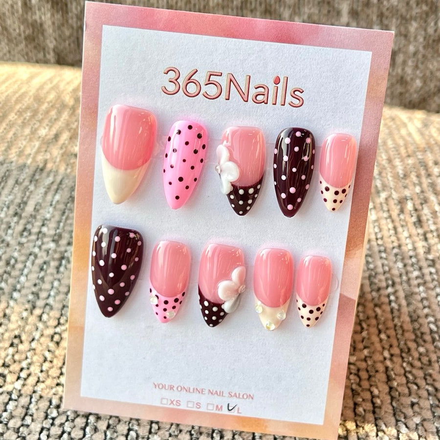 365nails: 버건디 핑크 도트 꽃 리본 수제 미디엄 스틸레토형 프레스온 네일