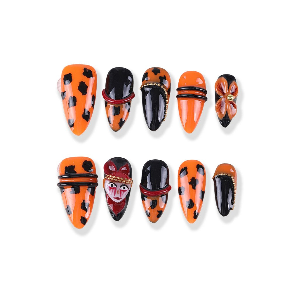 Halloween orange and black leopard print long pointed press on nails