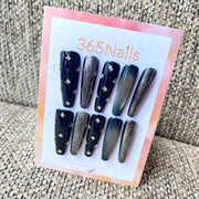 365nails: "누아르 스타라이트" – 코핀형 수제 프레스온 네일