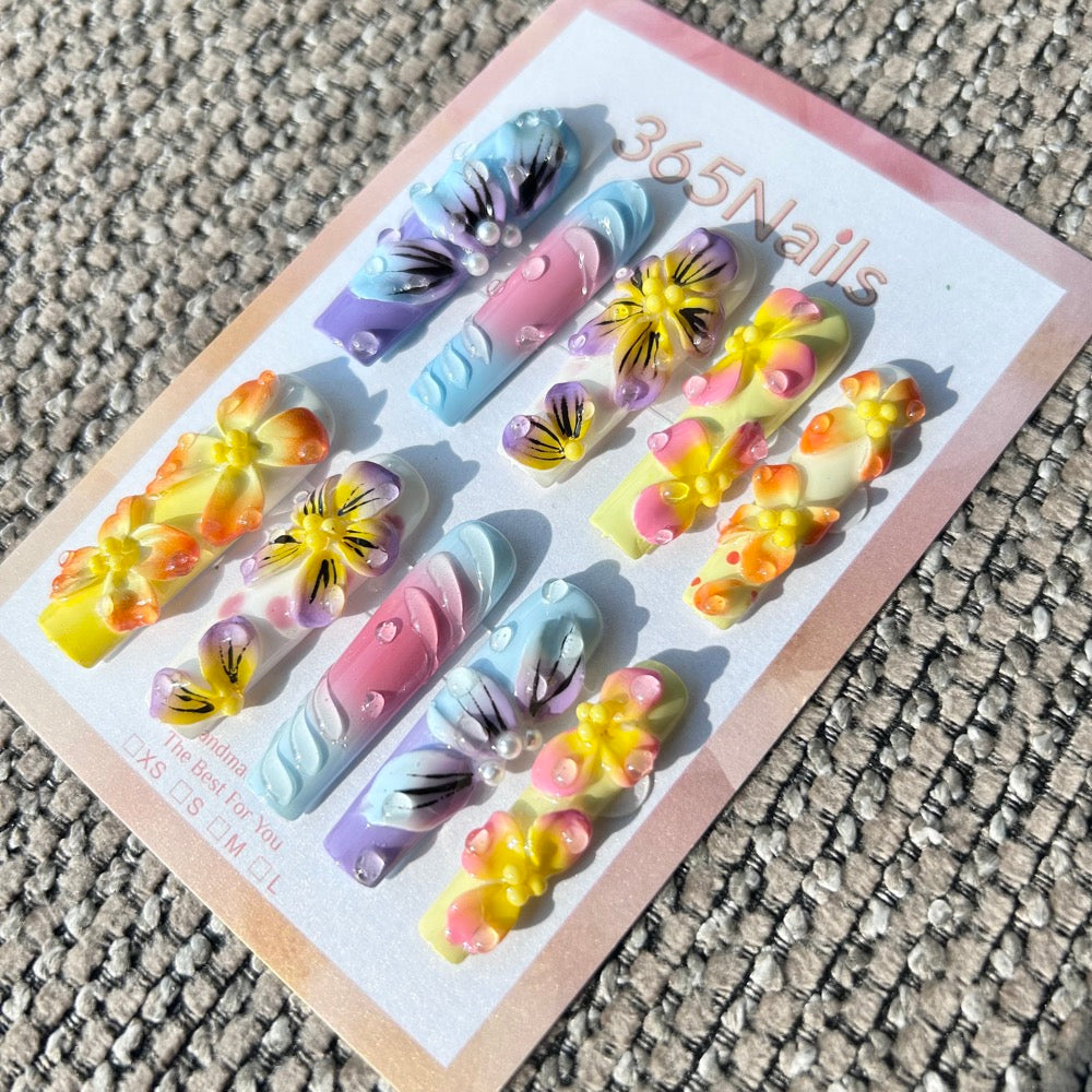 手工製 粉彩樂園 3D 花卉 穿戴甲｜混合熱帶花卉與水滴｜長款棺材形