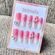 365nails: "Pink Ombre Dragon Heart Chain Metal Line" – 3D Metal Charm Handmade Long Coffin Nails