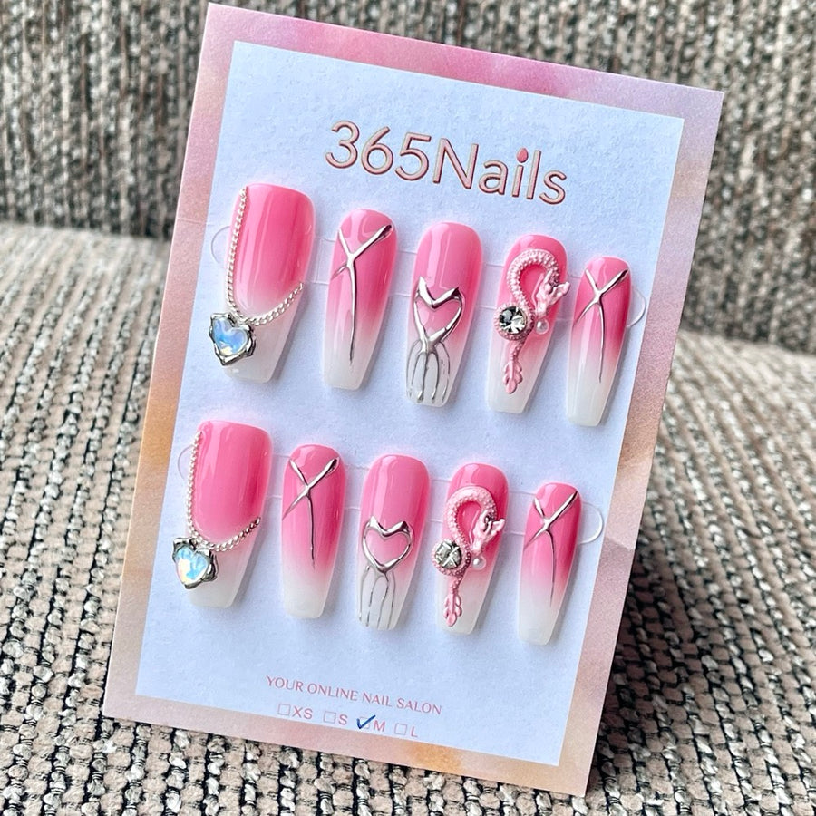 365nails: "Pink Ombre Dragon Heart Chain Metal Line" – 3D Metal Charm Handmade Long Coffin Nails