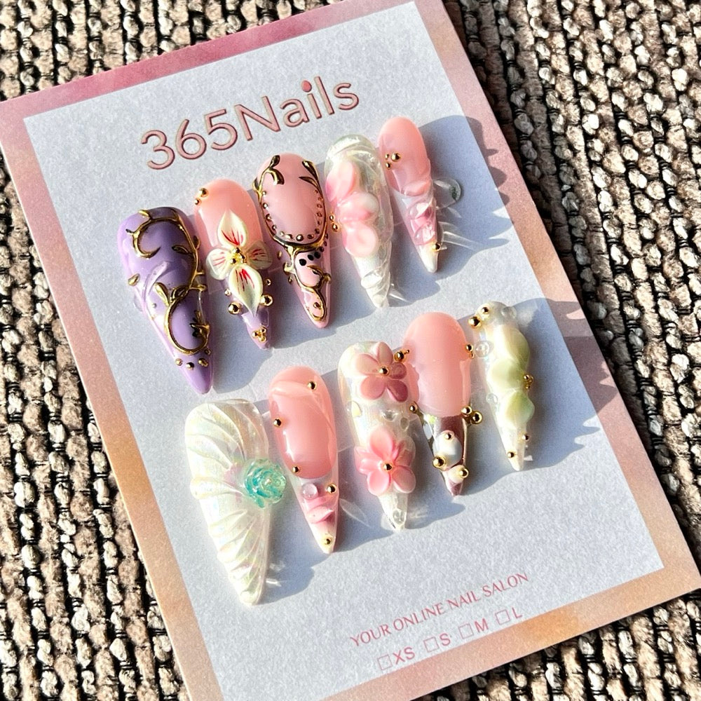 365nails: "Ornato Rosa e Roxo" – Unhas Postiças Stiletto Médias Feitas à Mão