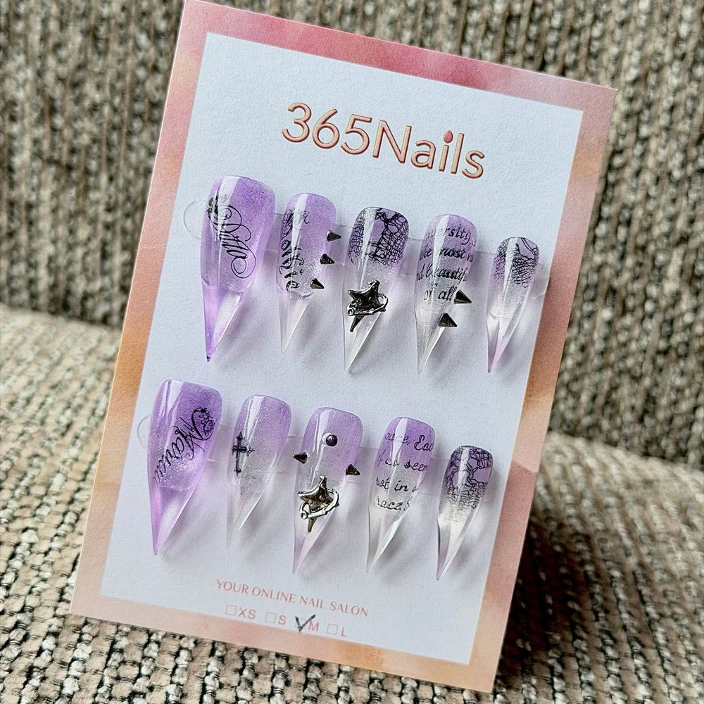 365nails: "Lavender Gothic Star Spike" – 3D Metal Cross Star Handmade Long Stiletto Nails