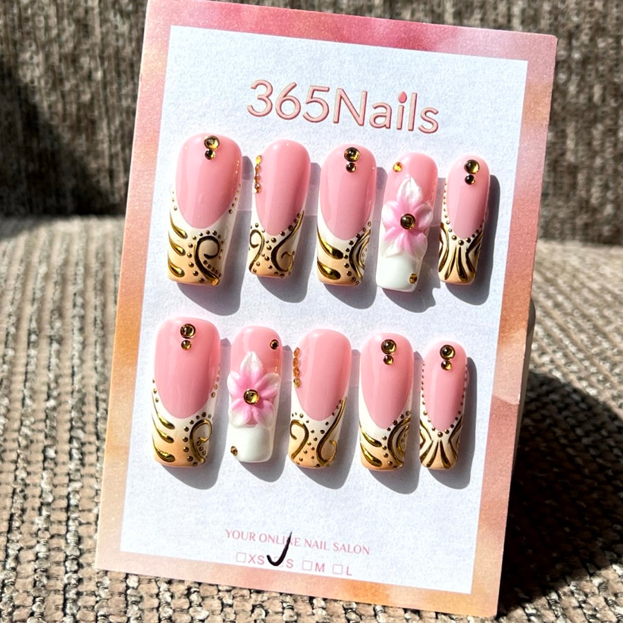 365nails: "Royal Baroque" – 3D Floral & Gold Leaf Handmade Almond Nails