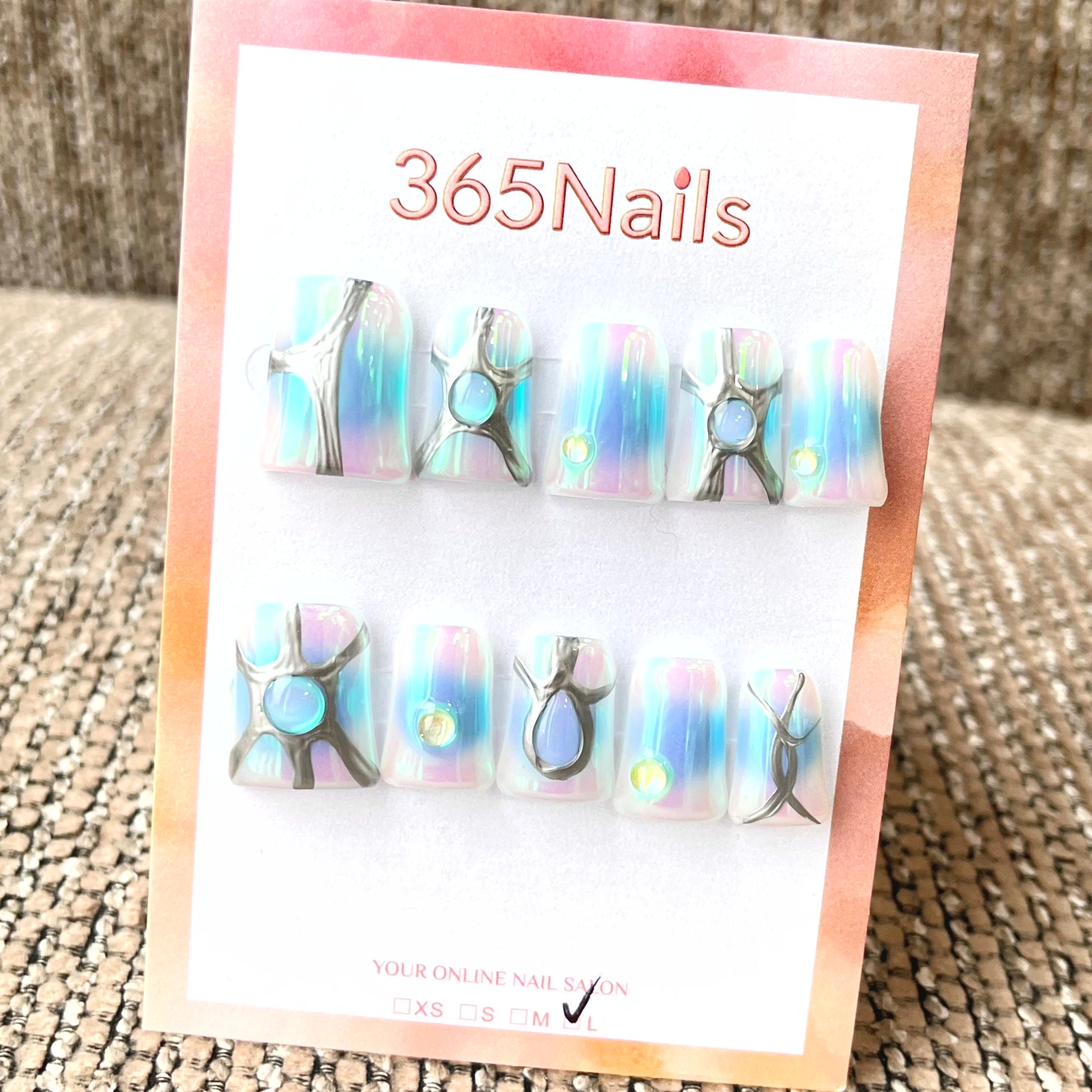 365nails: 무지갯빛 드림 – 3D 메탈릭 & 오팔 수제 스퀘어형 네일