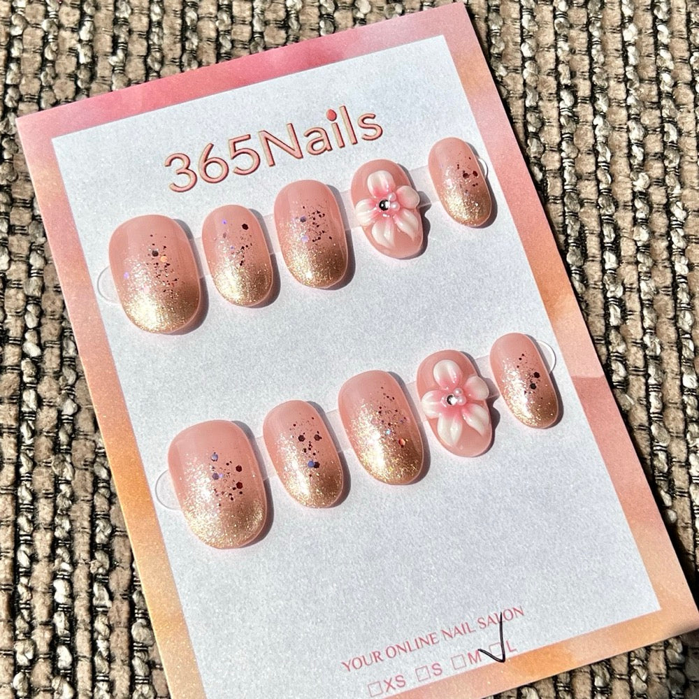 365nails: "Pink Cherry Blossom Ombré" – 3D Flower Handmade Short Almond Press-On Nails
