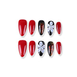 Flaming red and black shimmer medium almond 3D white flower embellishment press on nail