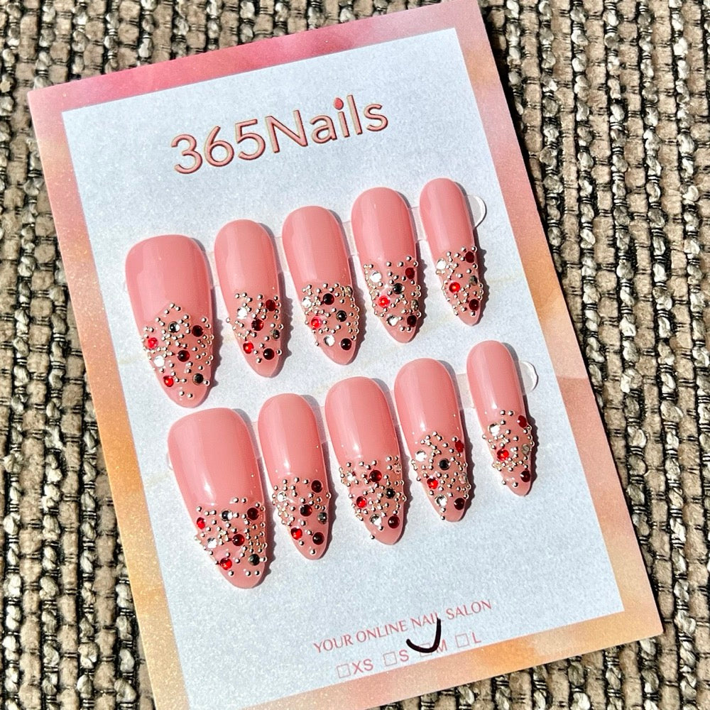365nails 루비 글리터 V-팁 수제 미디엄 스틸레토형 프레스온 네일