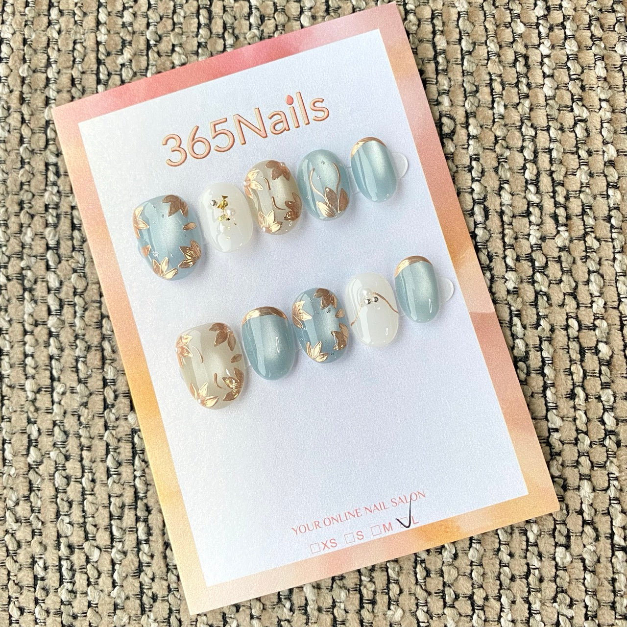 365nails: "Sky Blue Gold Leaf French Tip Pearl" – handmade press-on nail