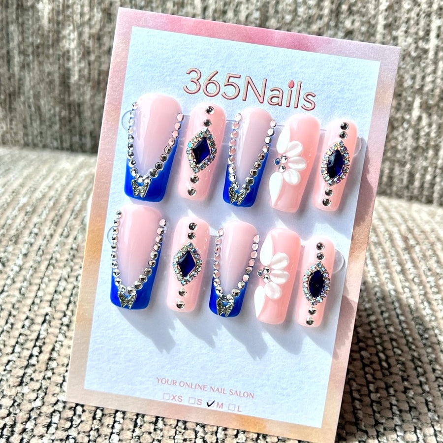 365nails: "Sapphire French Bloom" – Handmade Medium Square Press-On Nails