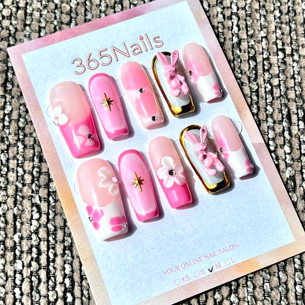 365nails:「腮紅小兔花園」 – 手工製 中長款 方形 穿戴甲