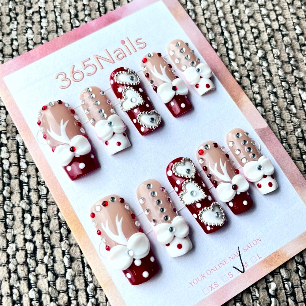 365nails: "진홍 벨벳 하트" – 수제 3D 리본 장식 아몬드형 네일