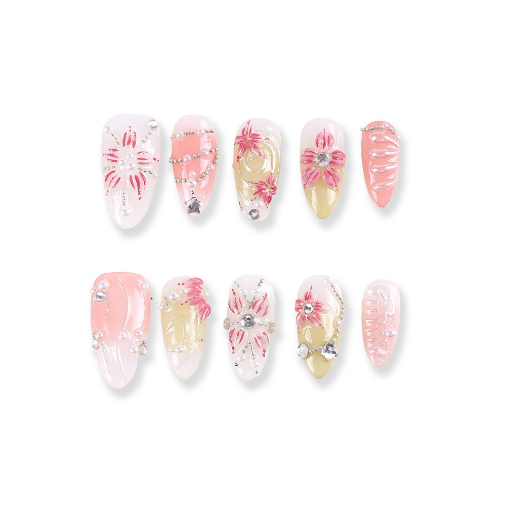 Pink Floral Press-On Nails with Crystal and Pearl Embellishments