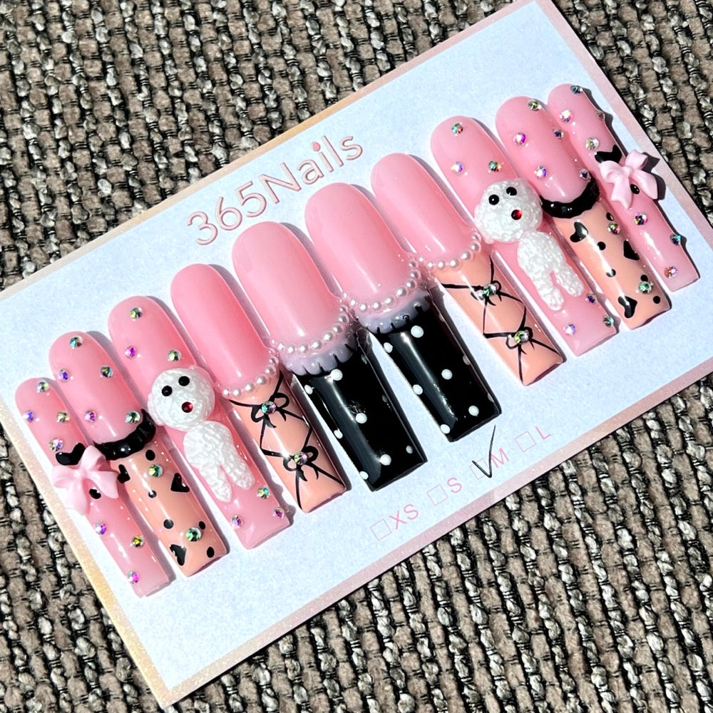 365nails: "Puppy Love" – 3D Dog & Bowknot Handmade Medium Almond Nails