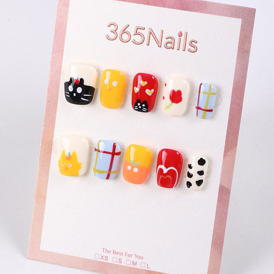365Nails Cute Doodles Hand‑painted Short Square Tips
