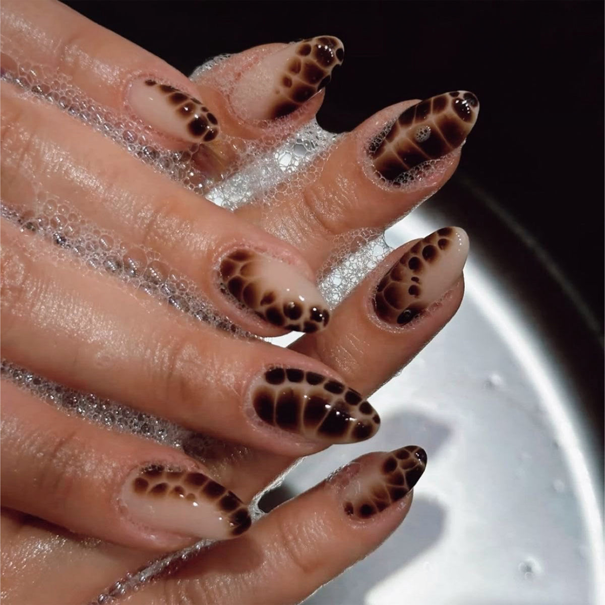French Animal Print Glossy Brown Almond Short Press On Nails – Design 13