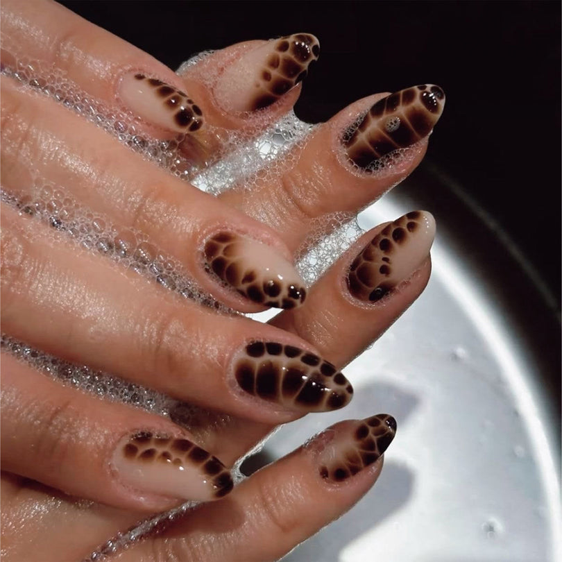 French Animal Print Glossy Brown Almond Short Press On Nails – Design 13