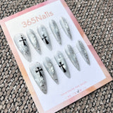 Femme Fatale: "Icy Scripture" – Translucent Blue-Grey Base with Silver Lettering, Gothic Crosses & Stars Long Stiletto Nails