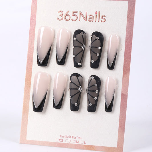 365nails smoky pink with black tulle fan and V-French rhinestone press-ons
