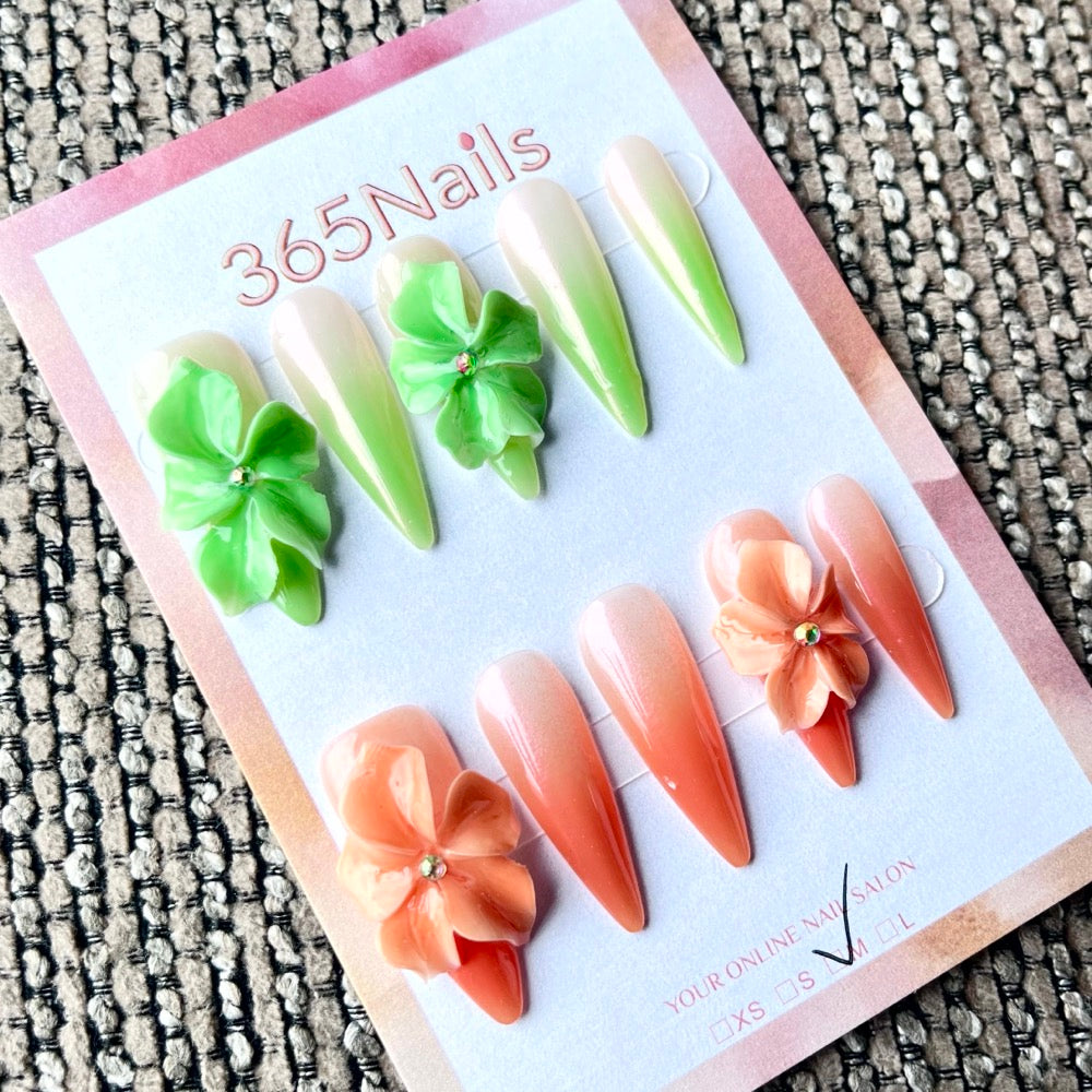 365nails: "Garden Whispers" – 3D Floral Gradient Handmade Stiletto Nails