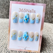 365nails: "Brisa Azul" – Unhas Quadradas Florais 3D Feitas à Mão