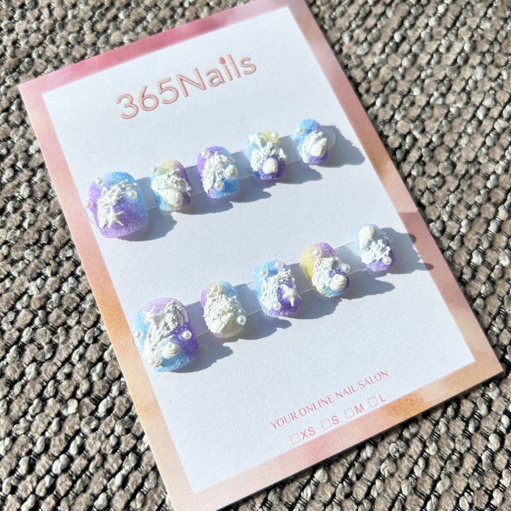 Sweet & Dopamine: "Mermaid's Sugar Beach" – Purple & Blue Gradient Sugar Texture, 3D Sea Foam, Pearls & Starfish Short Nails