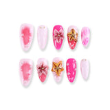 Pink Gradient Press-On Nails with 3D Flowers, Starfish, and Pearls