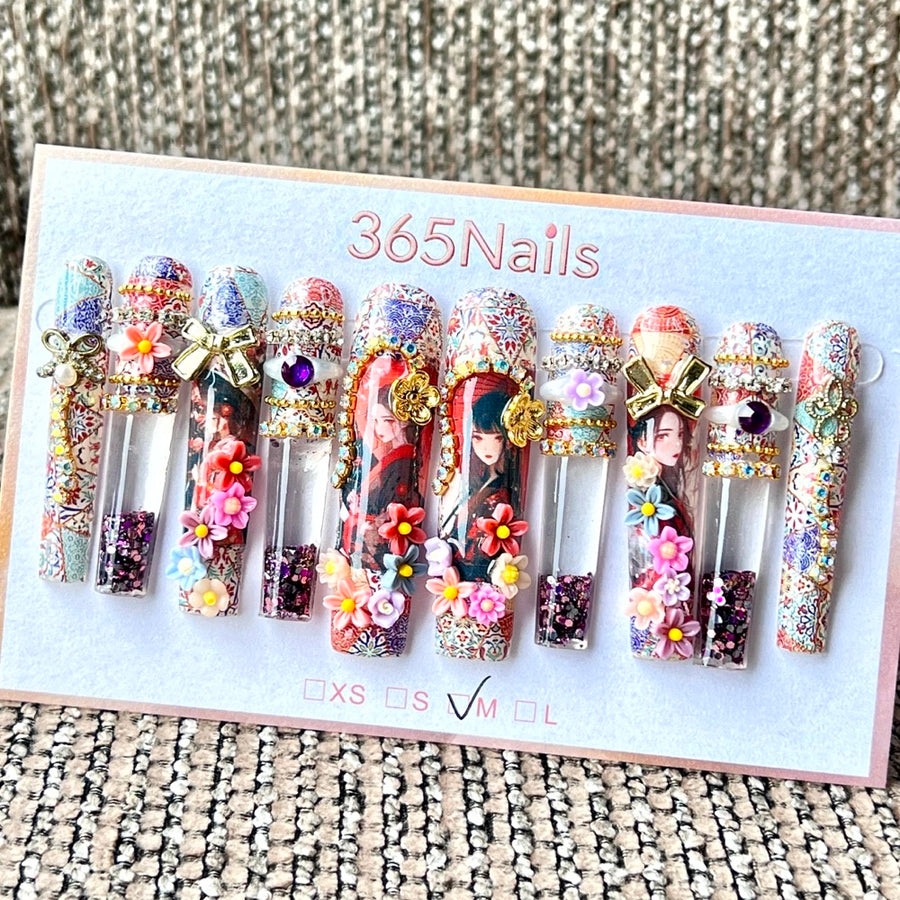 365nails: "Vintage Oriental Maiden" – Handmade Floral Liquid Motion Press-On Long Pipe Nails-5.5cm